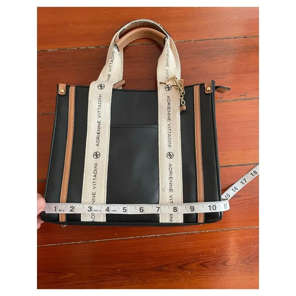 Adrienne Vittadini Montauk Tote Black Logo Strap Purse AV Charm